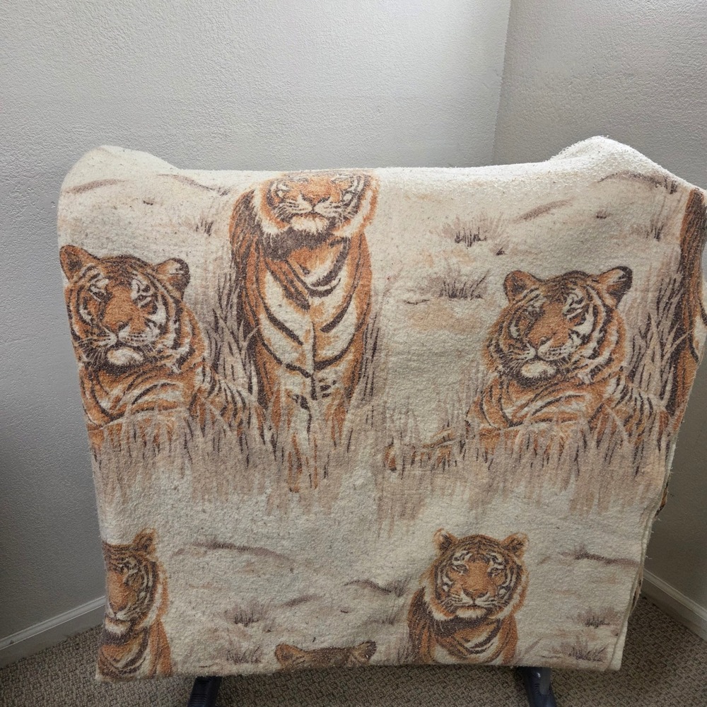 Vintage Tiger Print Oversized Blanket Made in USA 144x92 Cream Brown Wildlife